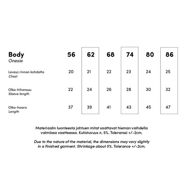 PaaPii bodysuit size chart