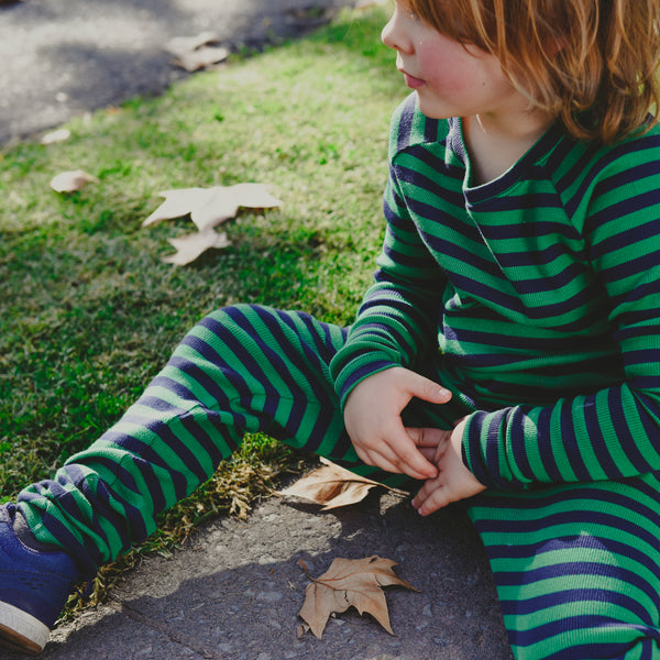 Boy wearing Moromini Pants- blue & green stripes