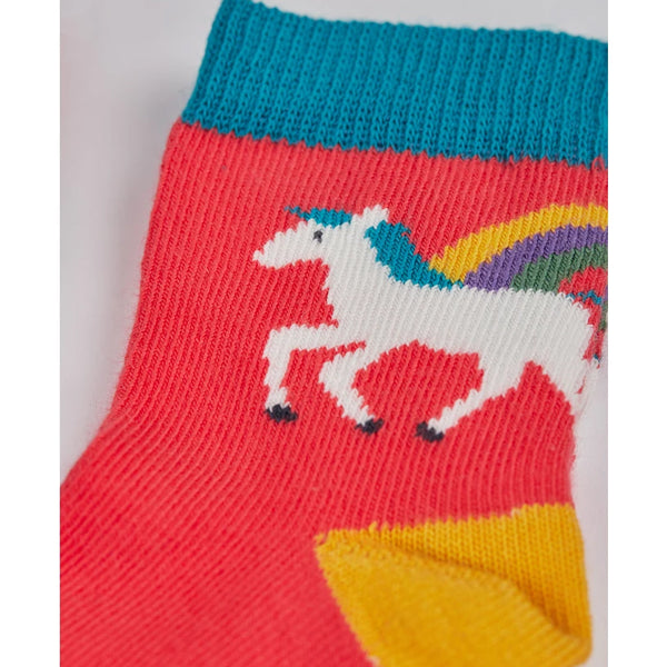 Frugi organic Little socks 3-pack- Pegasus rainbow flowers, closeup