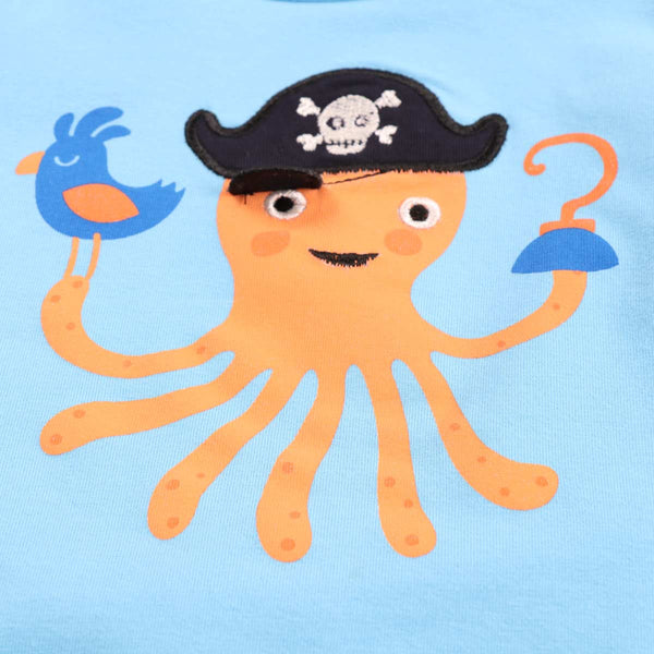 Fred's World organic Short sleeve top- pirate octopus appliqué, closeup