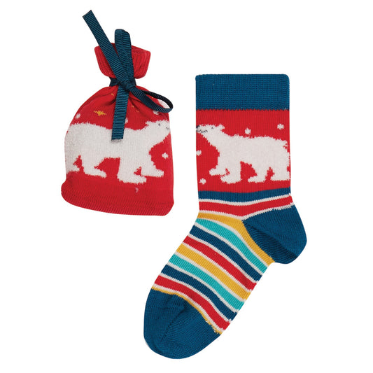 Frugi Super socks in a bag- true red/polar bear