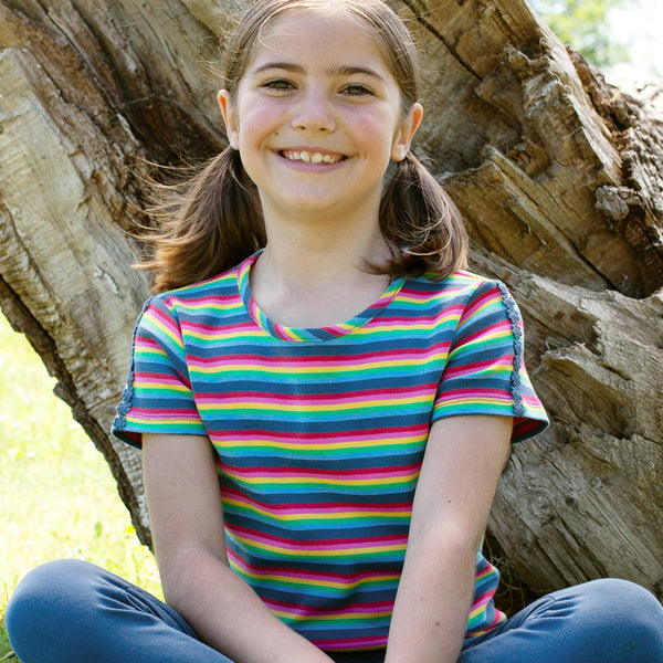 Girl wearing Kite Clothing Rainbow daisy t-shirt