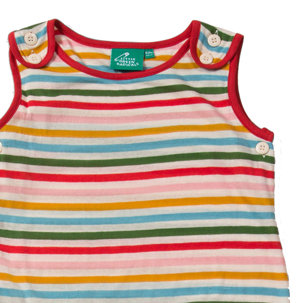 Little Green Radicals Rainbow striped everyday dungarees, closeup