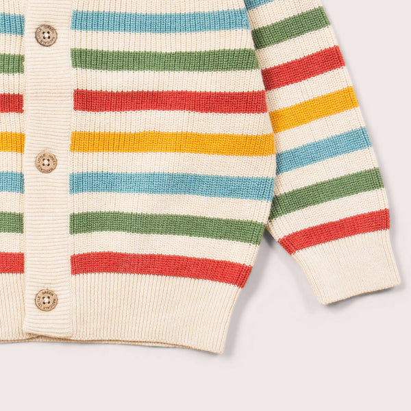 Little Green Radicals organic Rainbow striped knit cardigan, closeup