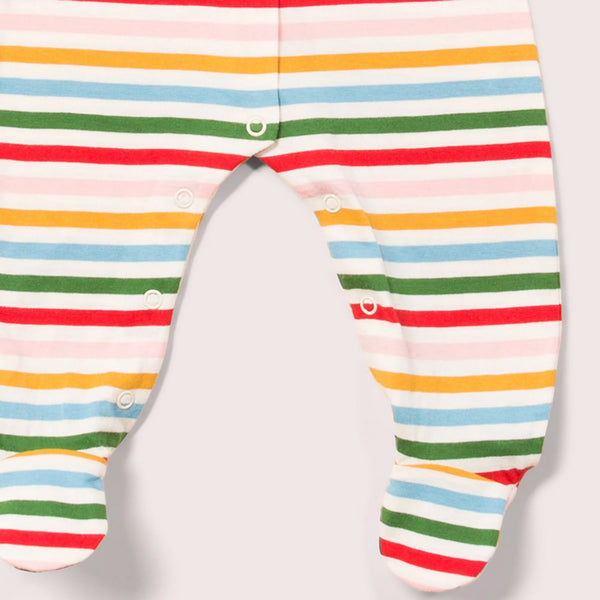 Little Green Radicals organic Rainbow striped footed pajamas, closeup