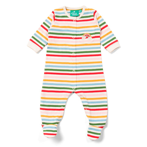 Little Green Radicals organic Rainbow striped footed pajamas