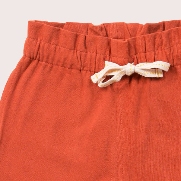 Little Green Radicals organic Soft red twill shorts, closeup