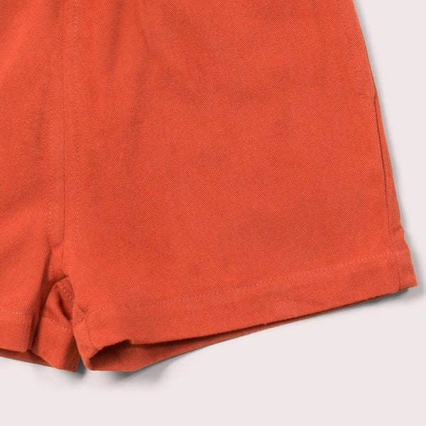Little Green Radicals organic Soft red twill shorts, closeup