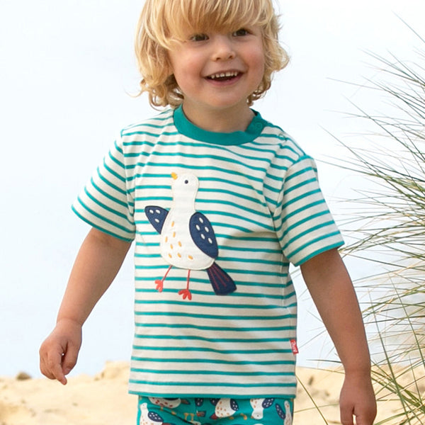 Boy wearing Kite Clothing organic Seagull appliqué t-shirt