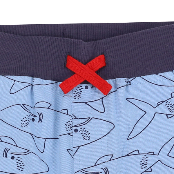Lilly + Sid Shark print board shorts, closeup