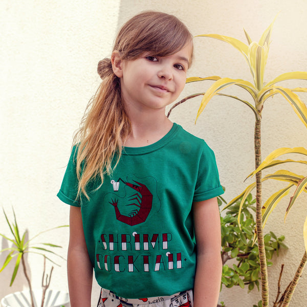 Girl wearing Raspberry Republic Short sleeve t-shirt- shrimp cocktail logo