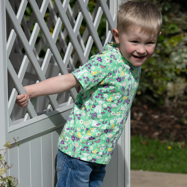 Boy wearing Piccalilly All over print t-shirt- spring meadow