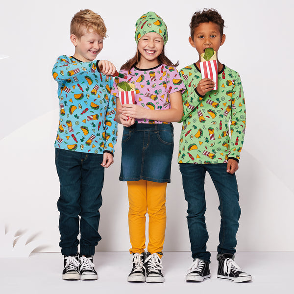 Kids wearing Villervalla organic taco print tops