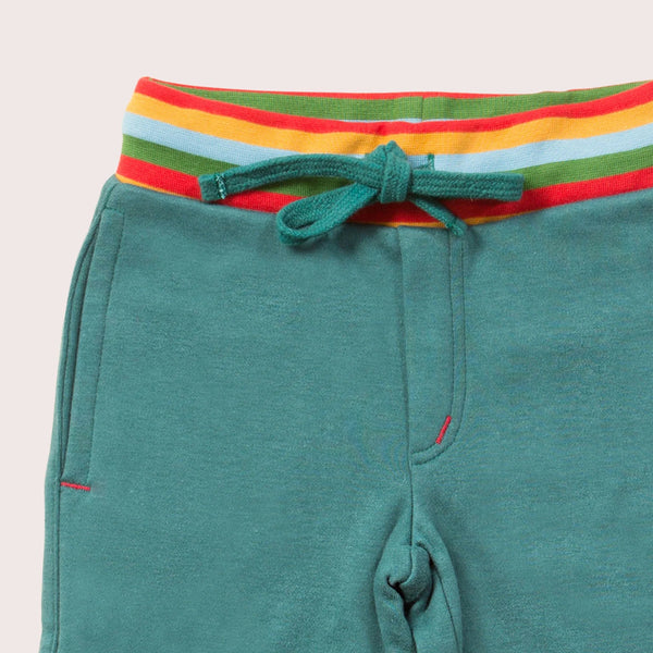 Little Green Radicals organic Teal marl jogger shorts, closeup