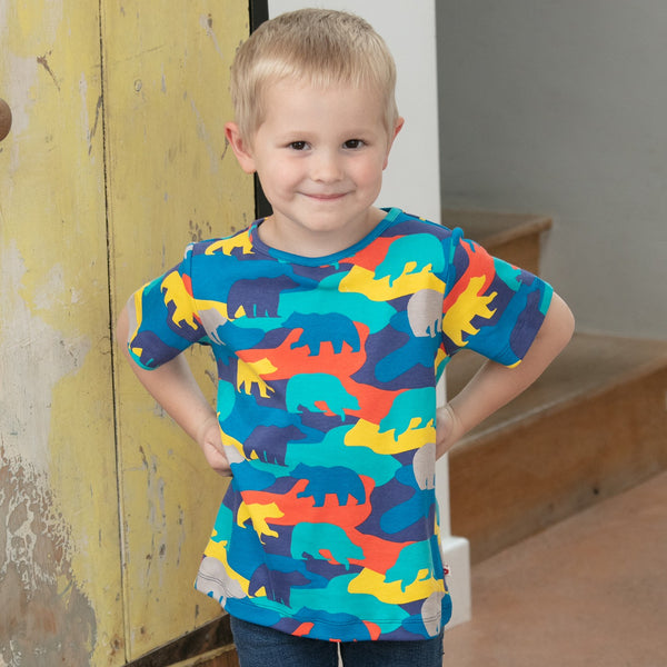 Boy wearing Piccalilly organic All over print t-shirt- camo bear