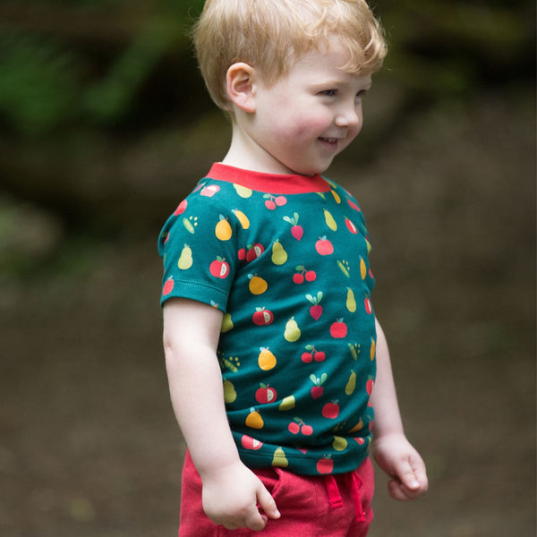 Boy wearing Little Green Radicals organic Vegetable patch short sleeve t-shirt