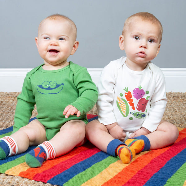 Babies wearing Kite Clothing organic Veggie bodysuits