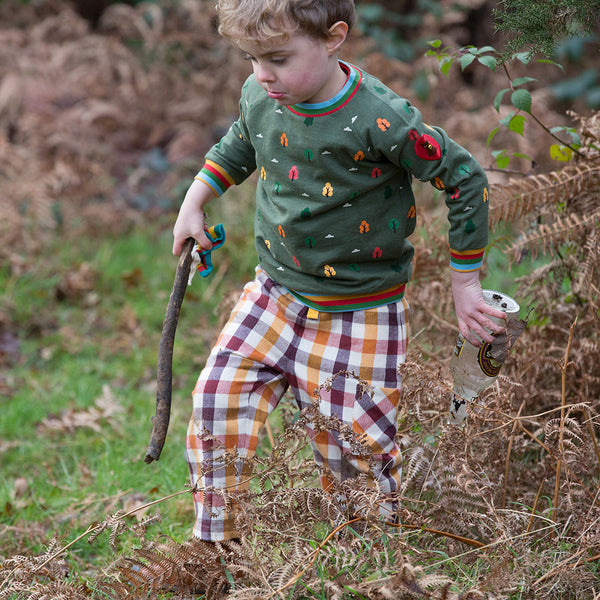 Boy wearing Little Green Radicals organic Winter woods raglan sweatshirt
